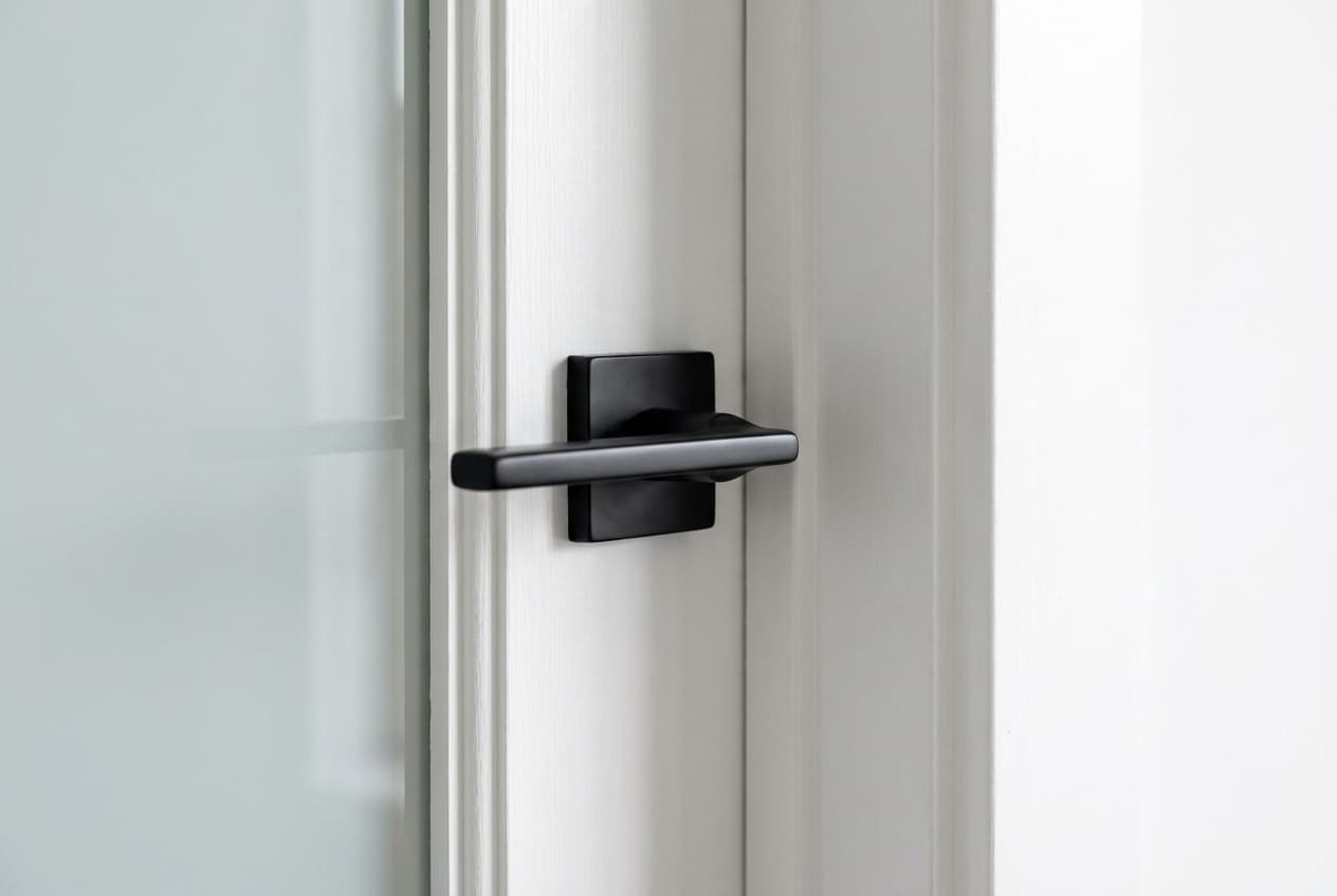 Relooker une porte vitrée rustique : étapes et matériaux Gros plan sur une poignée moderne noire sur le cadre blanc d'une porte vitrée.
