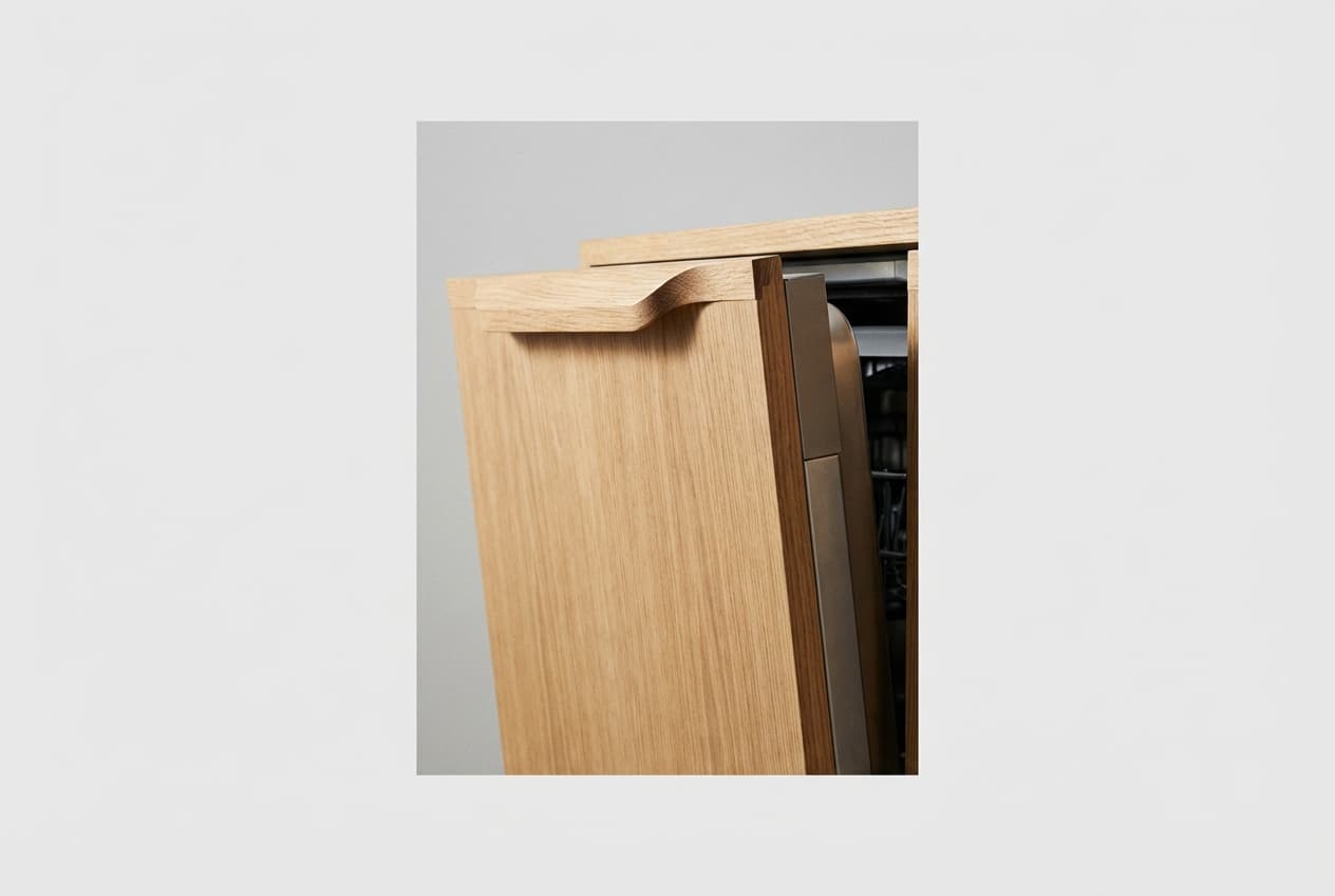 Comment cacher un frigo dans la maison ou au jardin ? Gros plan d'une porte de placard en bois minimaliste cachant un frigo.