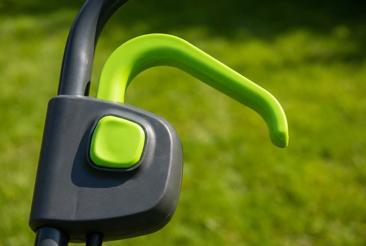 Tondeuse Ryobi se met en sécurité : solutions et causes Gros plan sur le bouton de démarrage et la poignée de sécurité d'une tondeuse moderne.