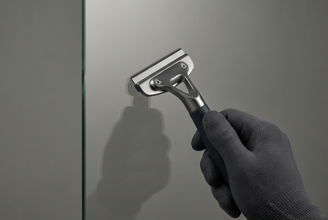 Comment enlever du tissu fondu sur une vitre de poêle Gros plan sur un grattoir métallique utilisé pour nettoyer les surfaces vitrées