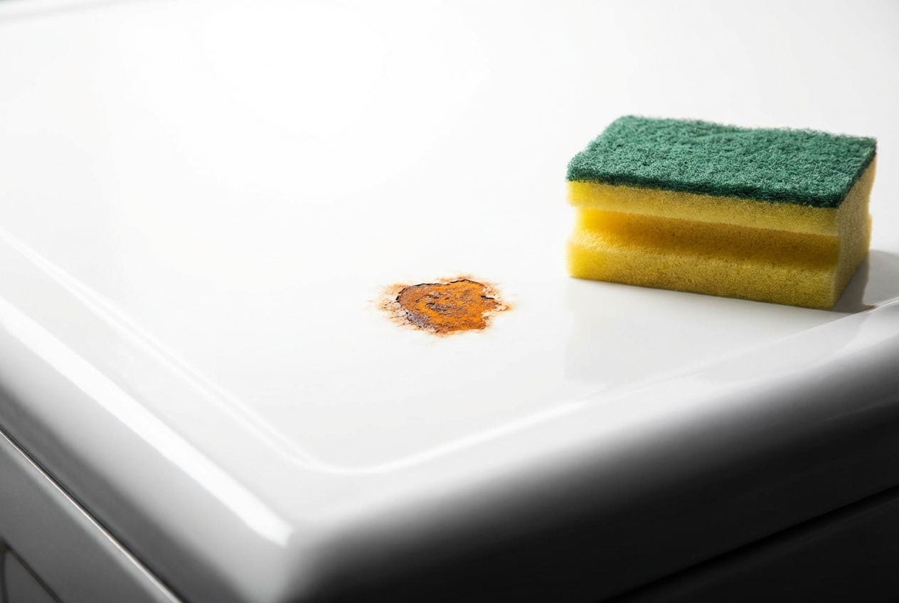 Traiter la rouille sur un couvercle de machine à laver Composition épurée montrant une tache de rouille sur une surface métallique blanche.