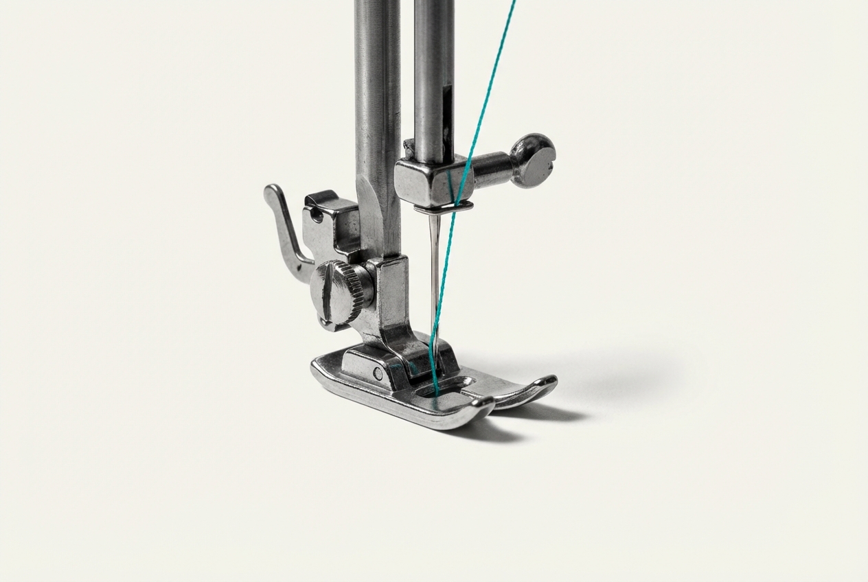 Machine à coudre Silvercrest problème : nos solutions Gros plan sur le pied-de-biche et l'aiguille d'une machine à coudre Silvercrest.