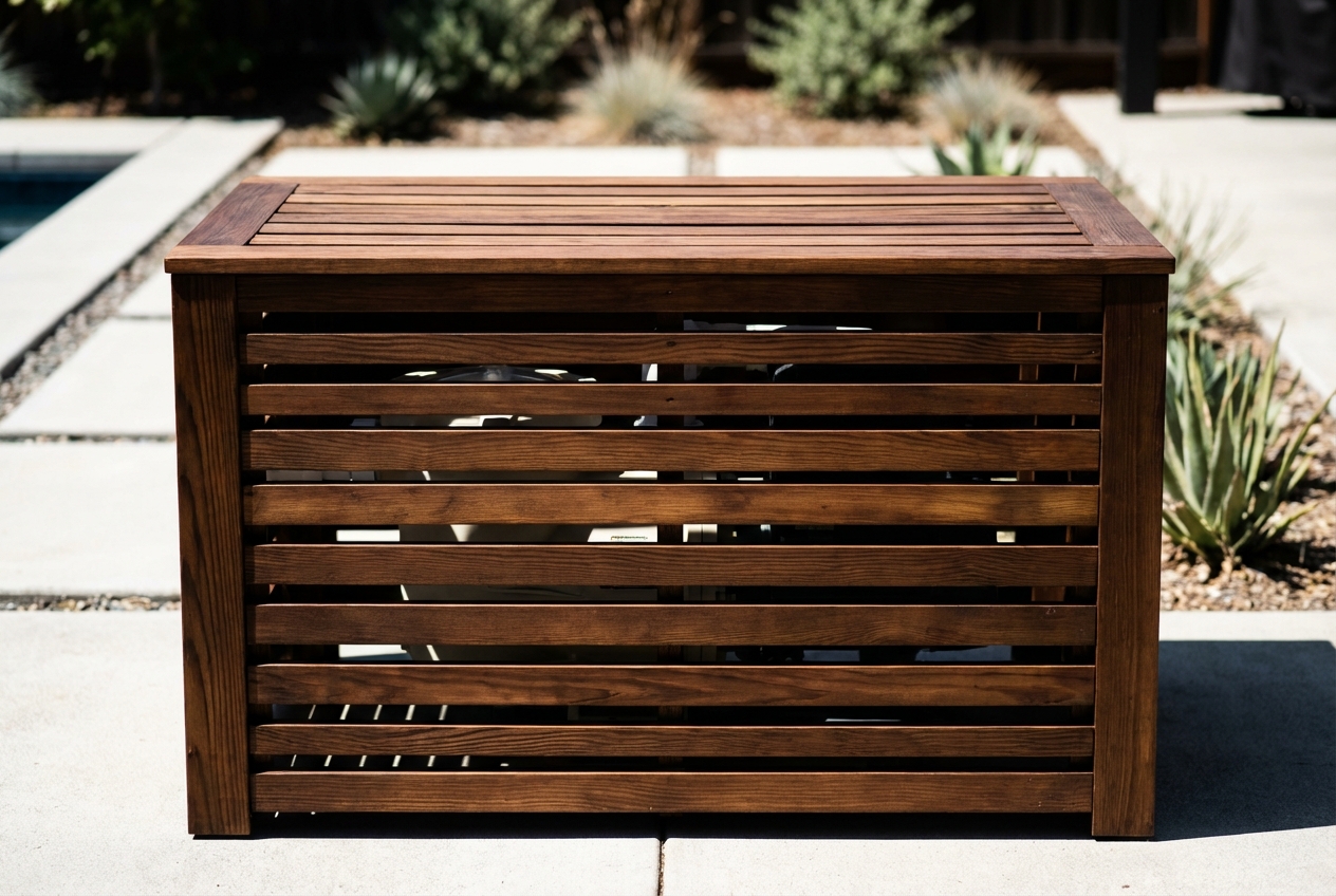 Construire un abri pour pompe de piscine fait maison Gros plan sur la structure en lattes de bois d'un coffre de filtration de piscine.