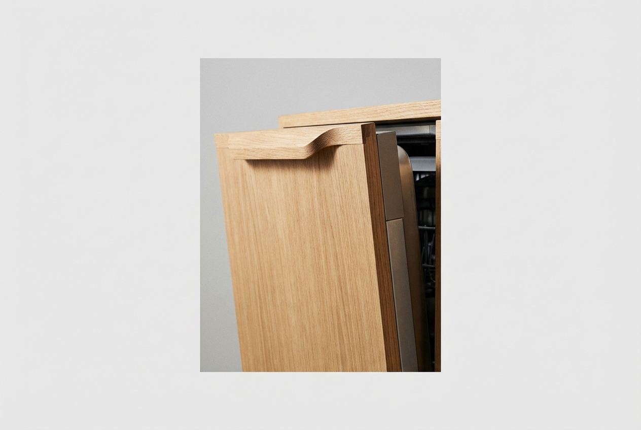 Comment cacher un frigo dans la maison ou au jardin ? Gros plan d'une porte de placard en bois minimaliste cachant un frigo.